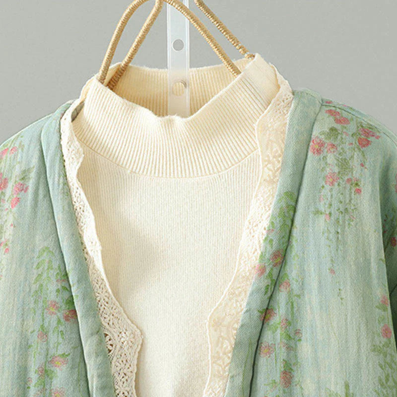 Buddha Stones Winter Lace Patchwork Long Sleeve Cotton Women's Thermal Jacket With Pockets