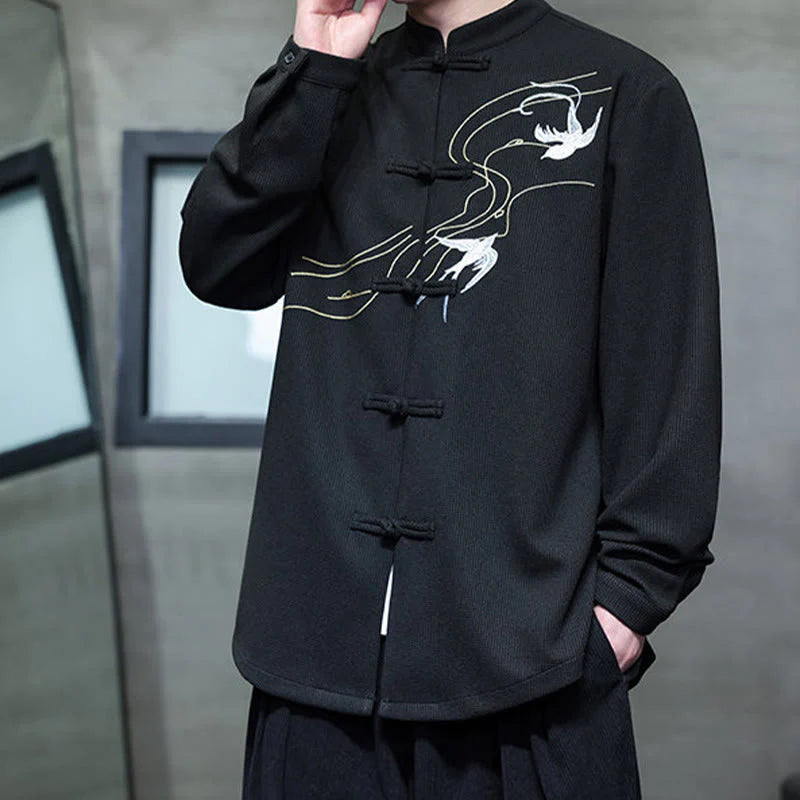 Buddha Stones Frog-Button Swallow Embroidery Stand Collar Long Sleeve Tang Suit Men's Shirt