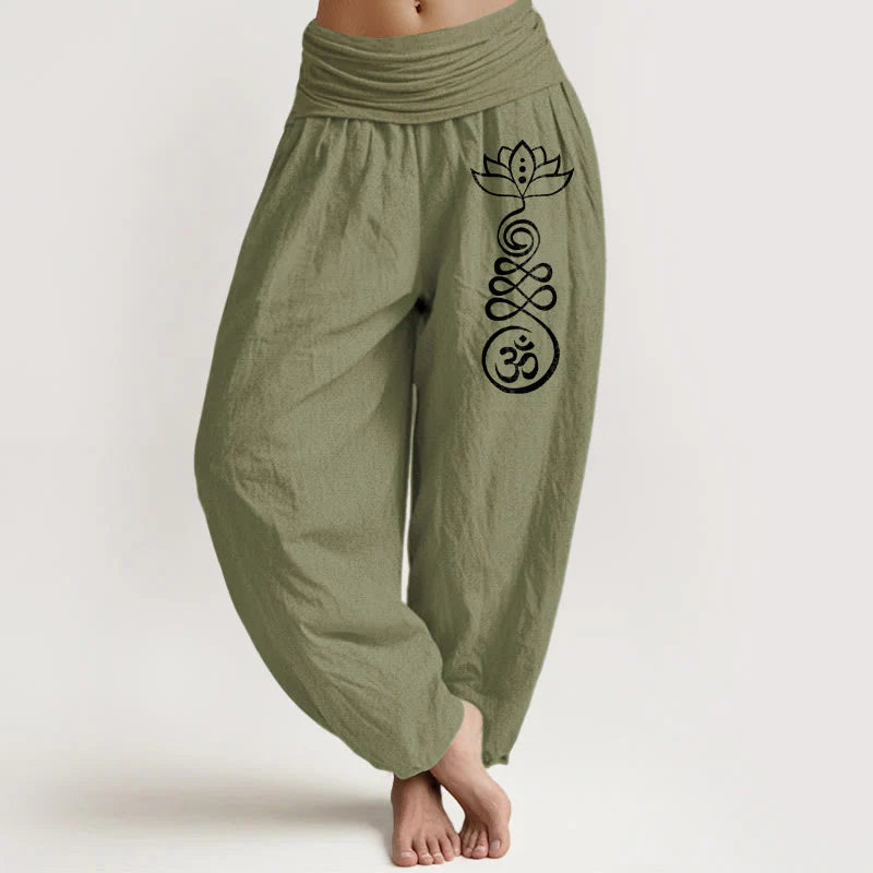 Buddha Stones Plain Lotus Om Pattern Women's Elastic Waist Harem Cotton Pants
