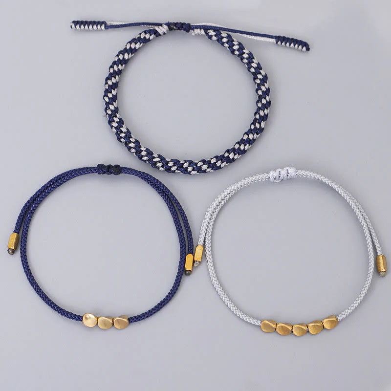 Buddha Stones 3Pcs Blue Gray String Golden Copper Beads Self Care Bracelet