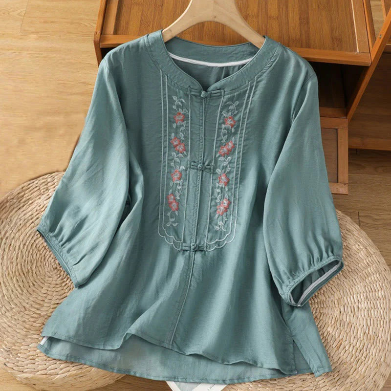 Buddha Stones Casual Embroidery Frog-Button Cotton Polyester Half Sleeve Women's Stand Collar Shirt