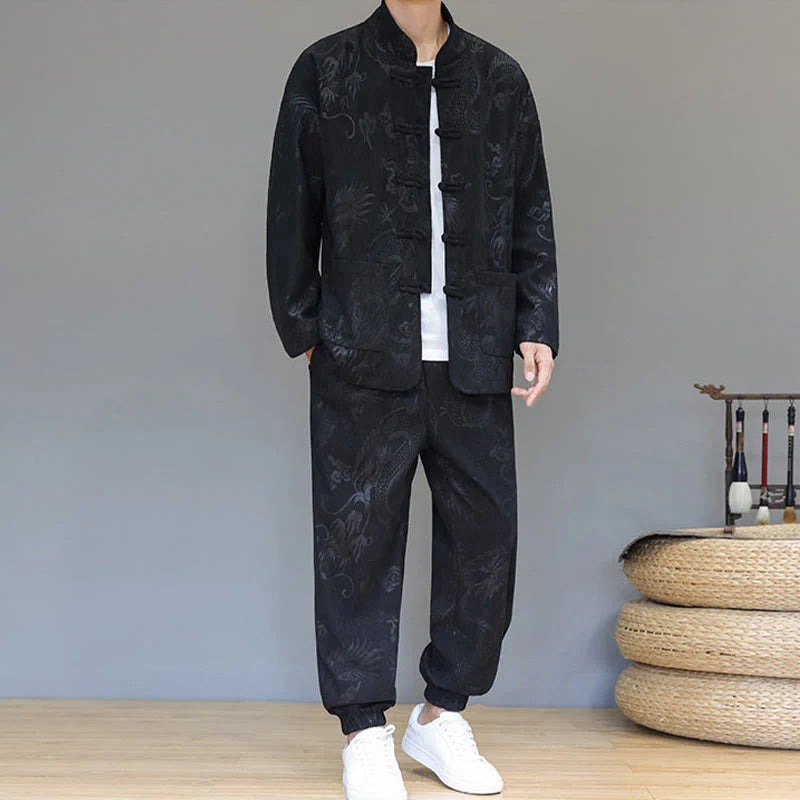 Buddha Stones 2Pcs Fall Winter Men's Tang Suit Dragon Frog-Button Cotton Corduroy Long Sleeve Jacket Pants Set With Pockets