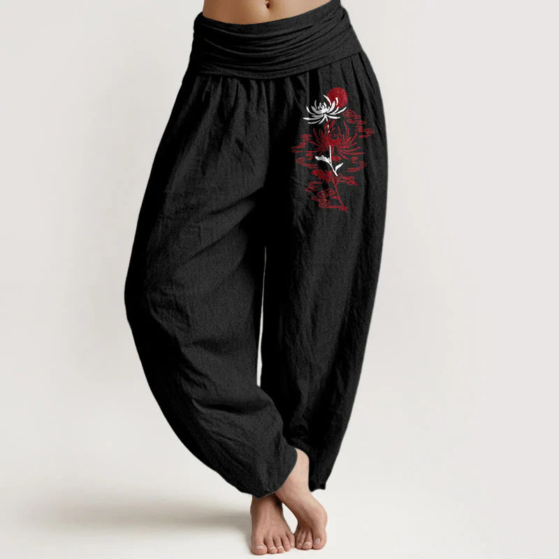 Buddha Stones Chrysanthemums Sun Pattern Women's Elastic Waist Harem Pure Cotton Pants