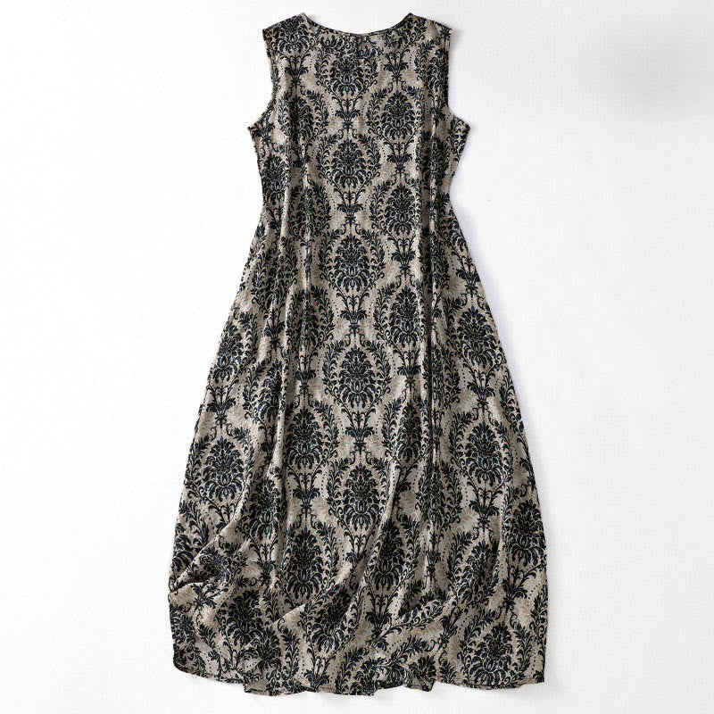 Buddha Stones Commute Summer Printing Simple Design Crew Neck Sleeveless Maxi Dress