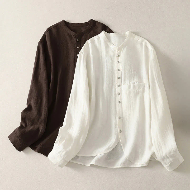 Buddha Stones Spring Plain V-Neck Long Sleeve Women's Cotton Shirt