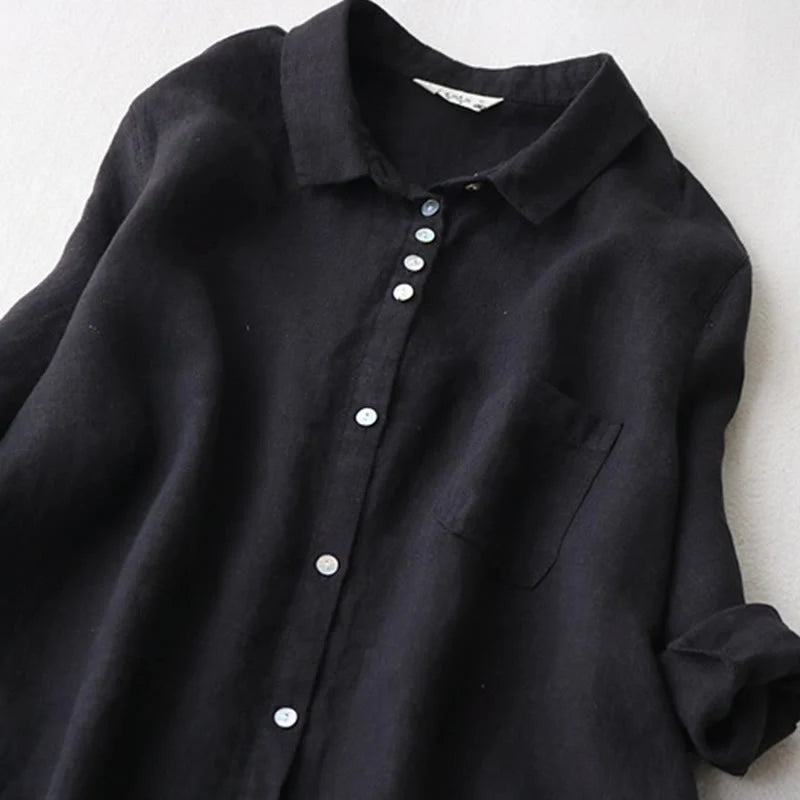 Buddha Stones Fall Solid Buttons Down Lapel Design Three Quarter Sleeve Women's Midi Dress With Pockets