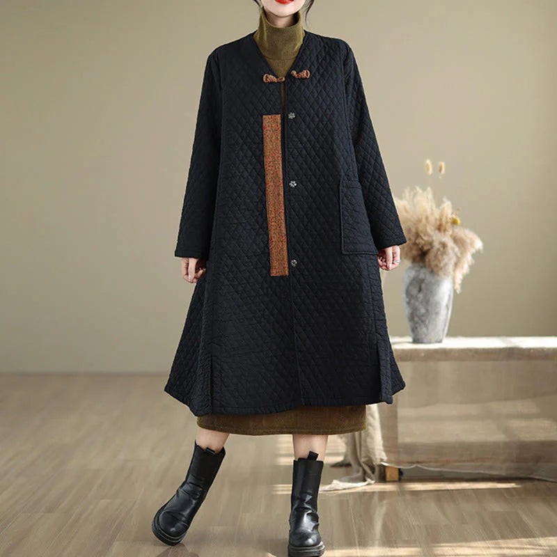 Buddha Stones Diamond Pattern Mid-length Women's Cotton Coat With Pockets