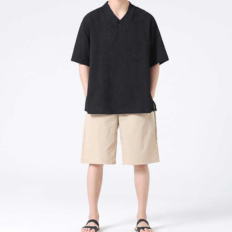 Buddha Stones Ethnic Distressed Jacquard Frog-Button Men's Stand Collar Half Sleeve Cotton Linen Shirt Tai Chi Clothes