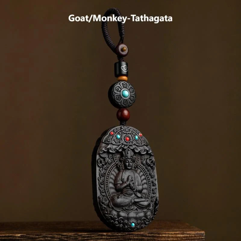 Buddha Stones Chinese Zodiac Natal Buddha Year of the Horse Om Mani Padme Hum Lotus Ebony Blessing Key Chain
