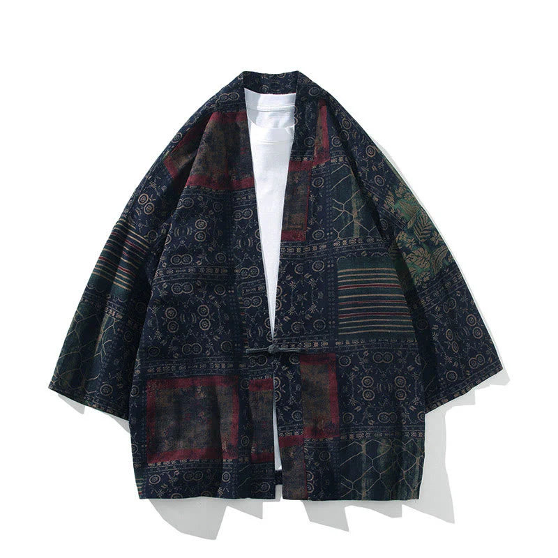 Buddha Stones Geometry Floral Stripes Butterfly Ink Open Front Half Sleeve Jacket Cotton Men's Kimono