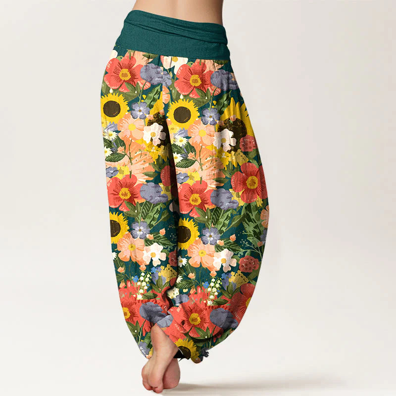 Buddha Stones Pure Cotton Colorful Sunflower Daisy Small Red Purple Flowers Pattern Women's Elastic Waist Harem Pants