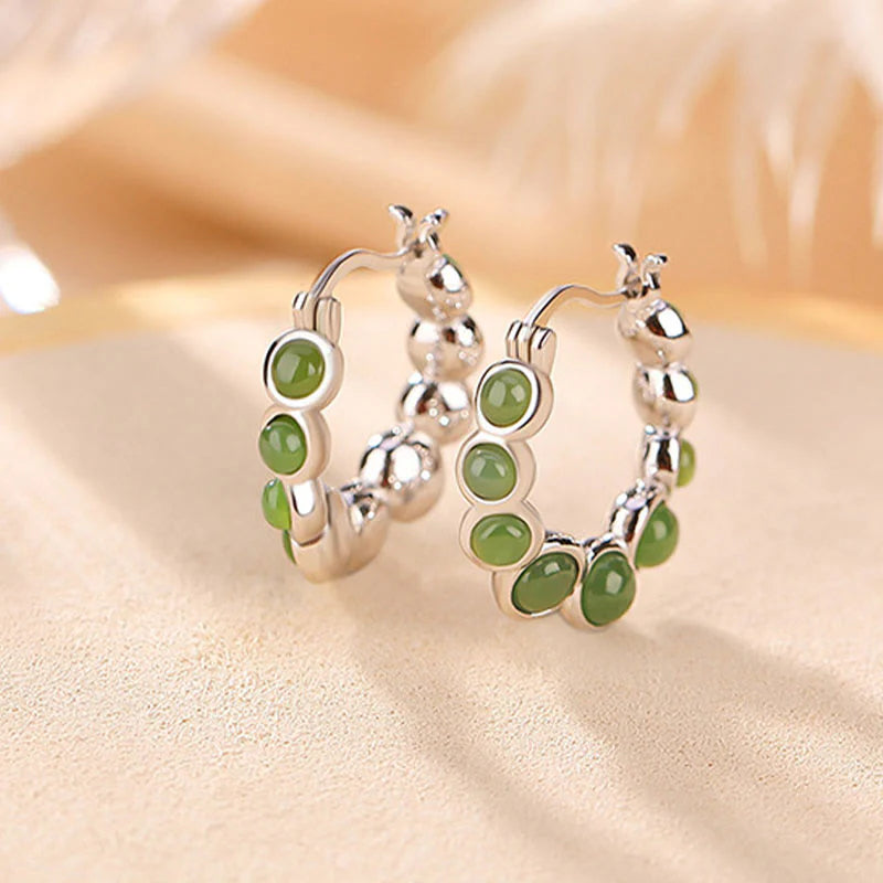Buddha Stones 925 Sterling Silver Plated Gold Hetian Cyan Jade Pea Ear Clip Prosperity Earrings  (Extra 30% Off | USE CODE: FS30)