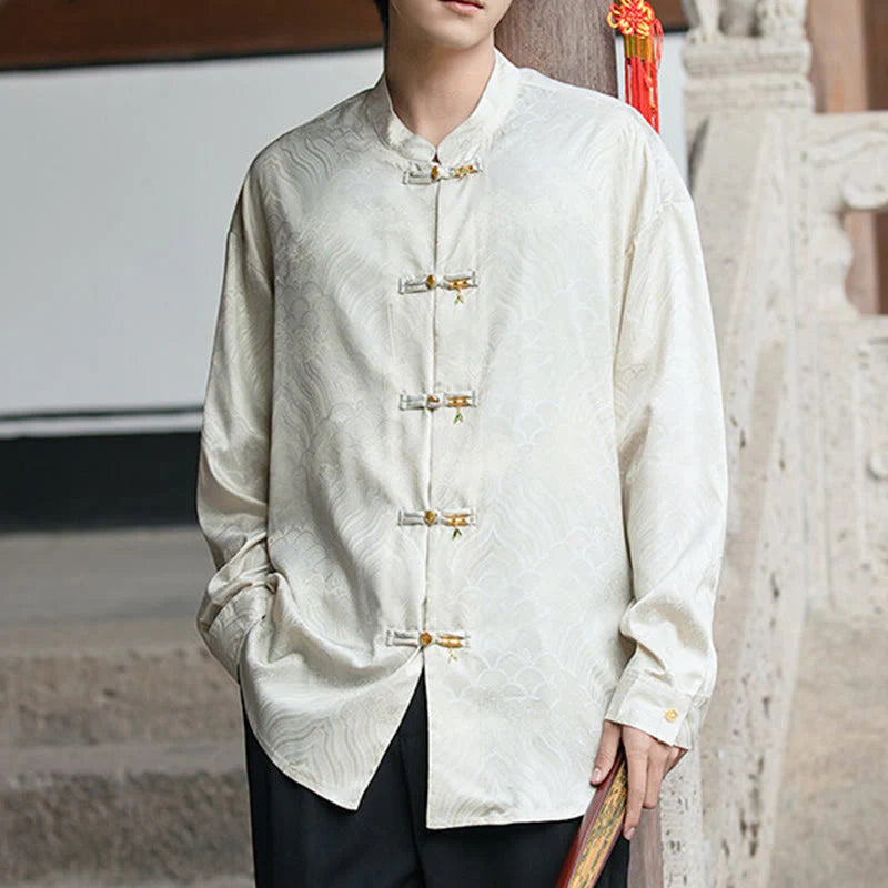 Buddha Stones Chinese Frog-Button Bamboo Shape Design Stand Collar Men's Long Sleeve Shirt