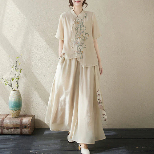 Buddha Stones 2Pcs Flower Embroidery Short Sleeve Tee T-shirt Wide Leg Pants Set