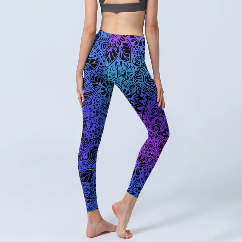 Buddha Stones Flowers And Leaves Pattern Print Gym Leggings Women's Yoga Pants
