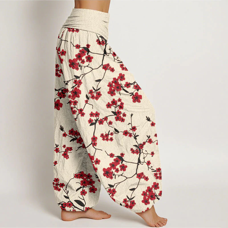 Buddha Stones Cotton Red Peach Blossom Pattern Women's Elastic Waist Harem Pants