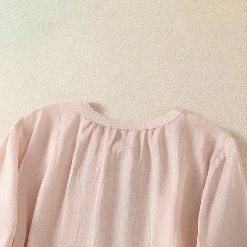 Buddha Stones Summer Embroidery Flower Lace-up Design Notched Collar Women's Short Sleeve Shirt