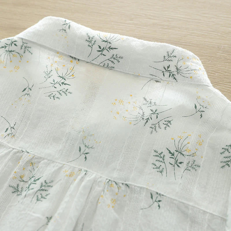 Buddha Stones Fall White Yellow Flowers Green Leaves Buttons Women's Cotton Long Sleeve Shirt