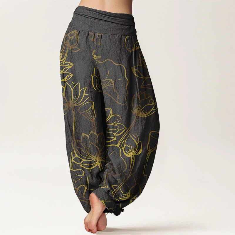 Buddha Stones Print Lotus Flowers Leaves Pattern Women's Elastic Waist Harem Cotton Pants