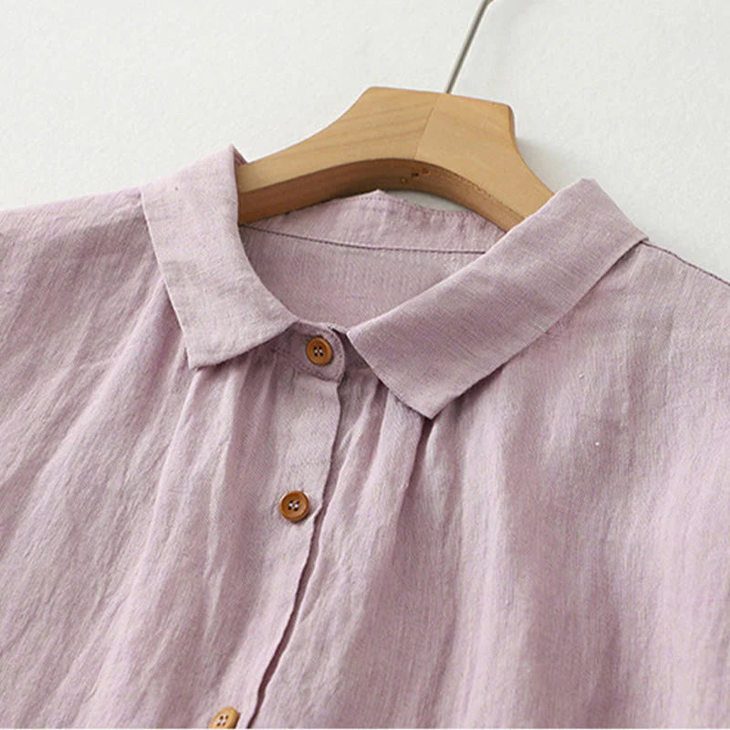 Buddha Stones Casual Plain Buttons Women's Cotton Linen Half Sleeve Shirt