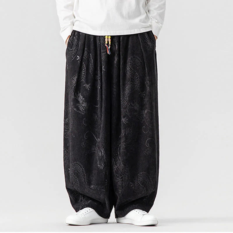 Buddha Stones Winter Dragon Phoenix Pattern Cotton Corduroy Men's Harem Pants With Pockets