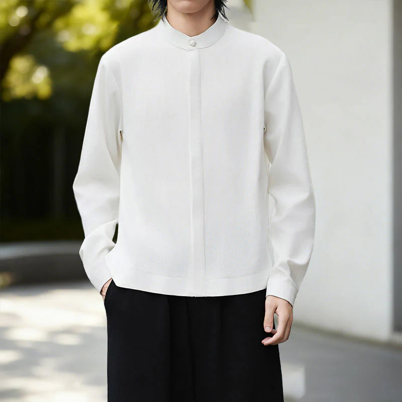 Buddha Stones Fall Solid Color White Men's Long Sleeve Cotton Linen Shirt Corduroy Kimono