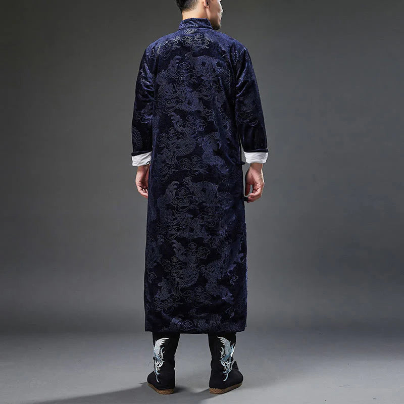 Buddha Stones Vintage Fall Winter Chinese Frog-Button Tang Suit Men's Dragon Jacquard Robe With Pockets