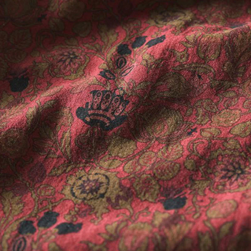Buddha Stones Retro Floral Pattern A-line Design Long Sleeve Women's Cotton Maxi Dress