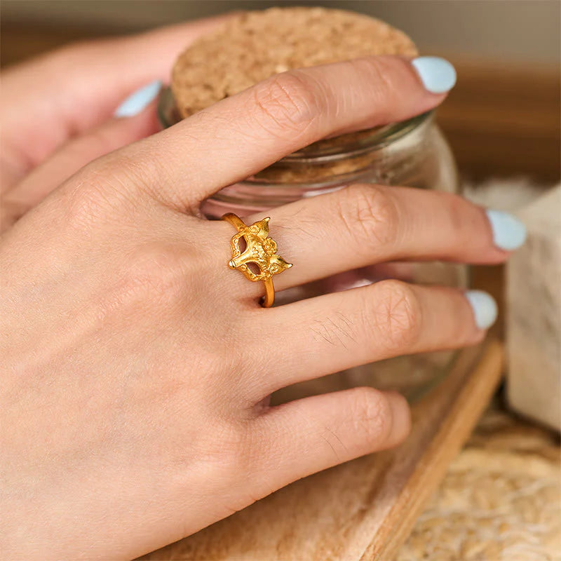 Buddha Stones Fox Mask 24k Gold Plated Brass Ring