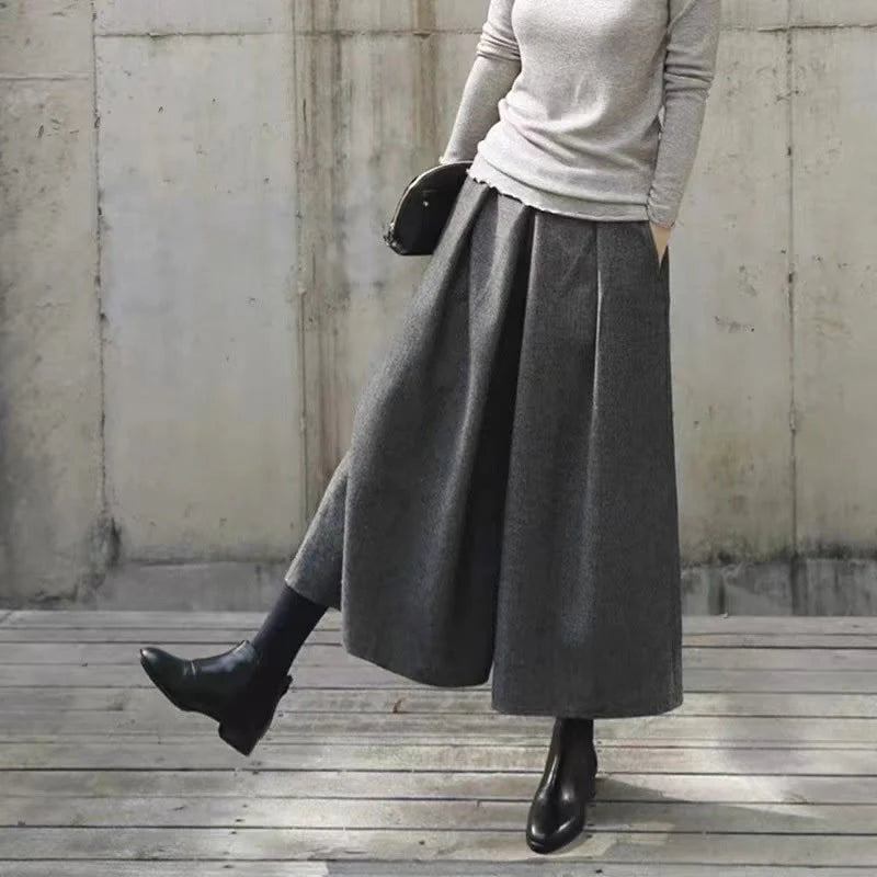 Buddha Stones Plain Elastic Waistband Design Women's 7-8 Length Wide Leg Pants With Pockets