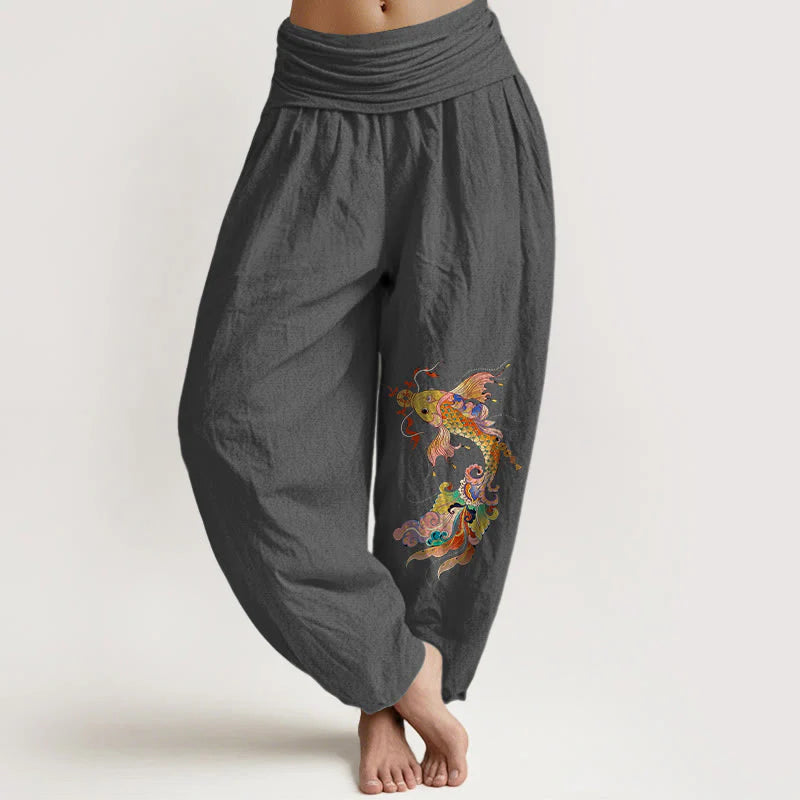 Buddha Stones Pure Cotton Brightly Colored Koi Fish Copper Coins Chinese Characters Pattern Women's Elastic Waist Harem Pants