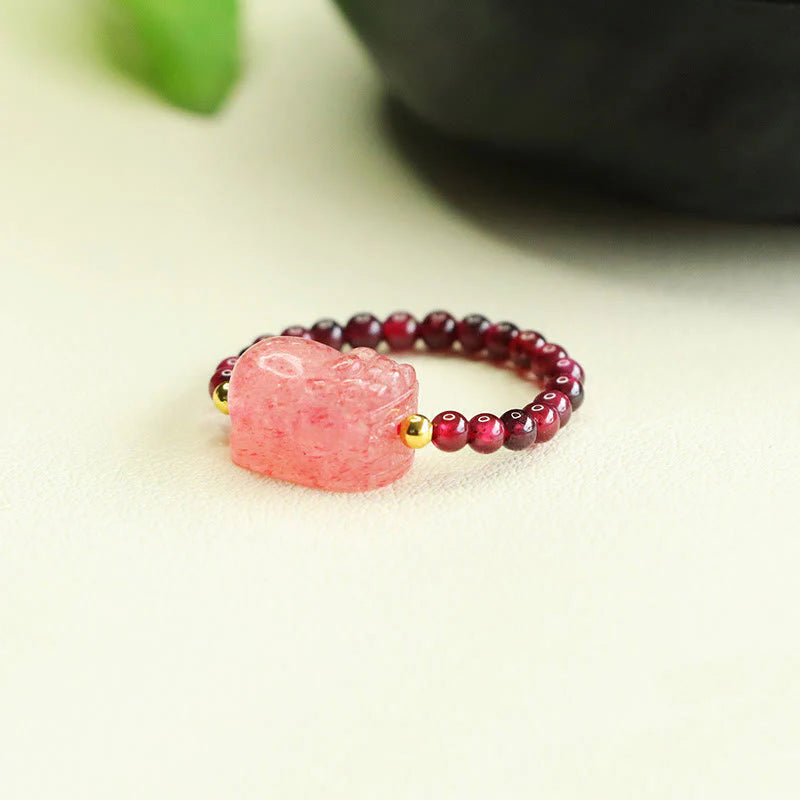 Buddha Stones Garnet Beads Strawberry Quartz Pixiu Protection Ring