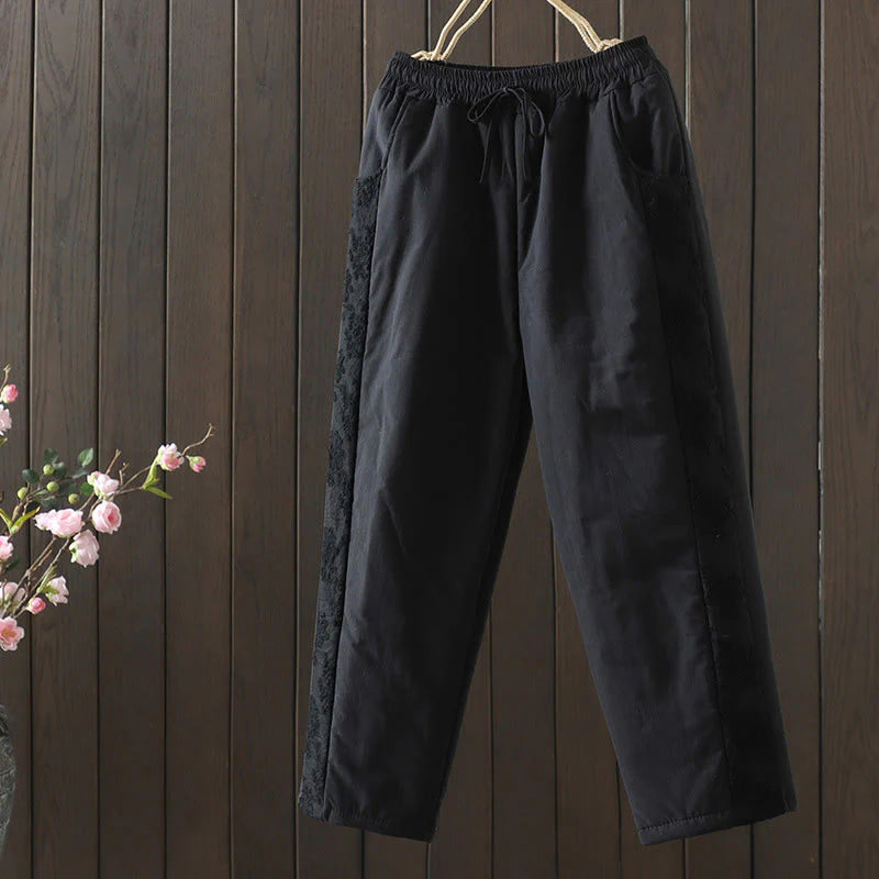 Buddha Stones Flower Pattern Cotton Polyester Embroidery Thick Women's Pants With Pockets