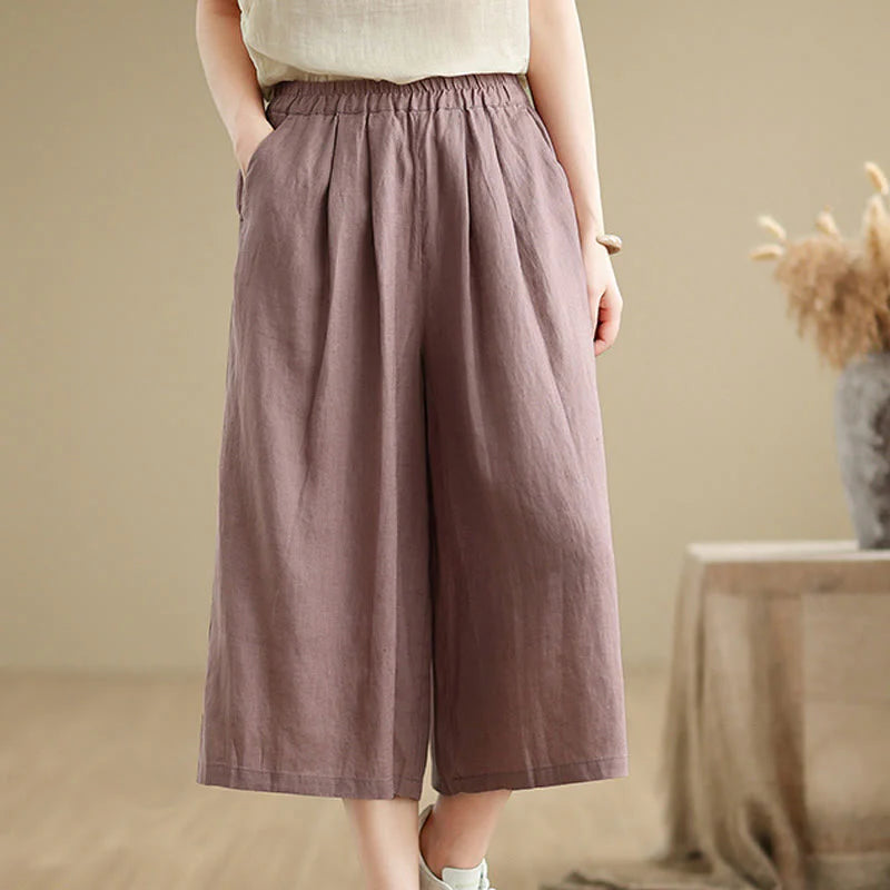 Buddha Stones Summer Solid Color Patchwork Simple Design Women's Cotton Wide Leg Cropped Pants With Pockets