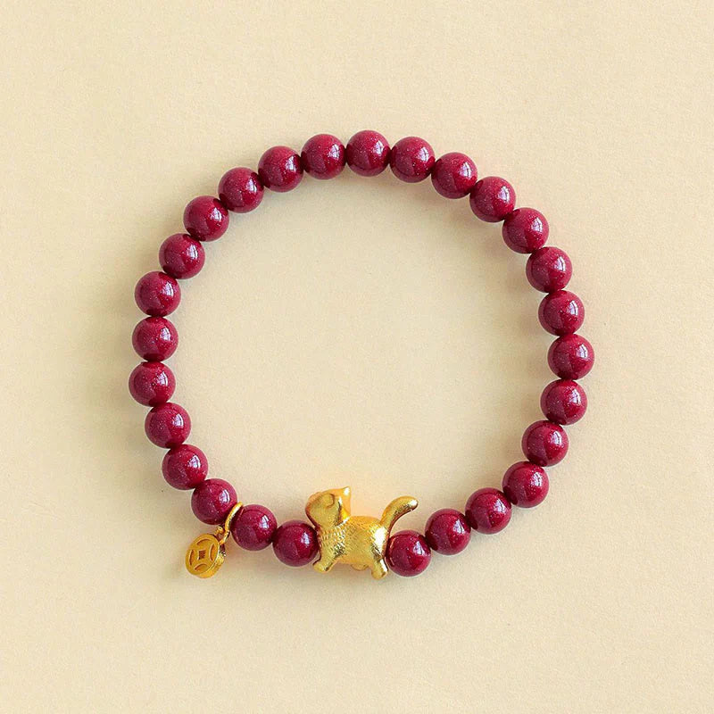 Buddha Stones Cute Lucky Cat Charm Garnet Cinnabar Calm Protection Beaded Bracelet
