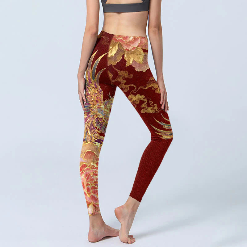 Buddha Stones Gorgeous Phoenix Peony Cloud Pattern Print Gym Leggings Women's Yoga Pants