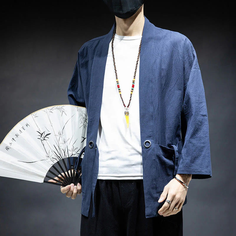 Buddha Stones Solid Color Lace-up Open Front Jacket Cotton Men's Kimono