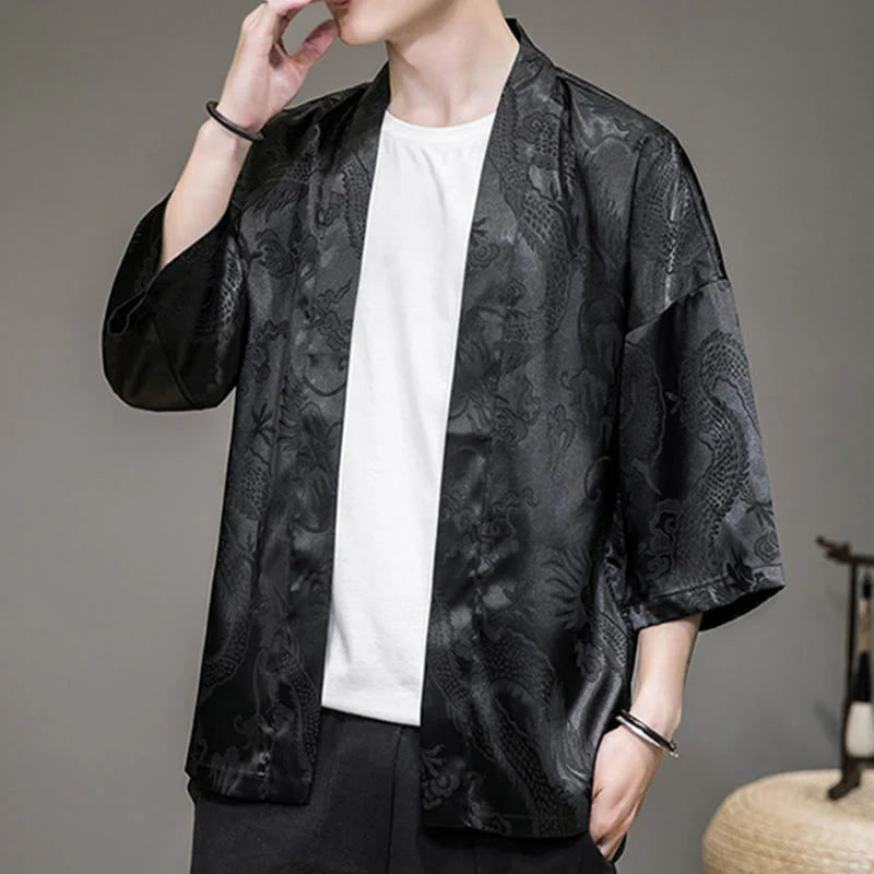 Buddha Stones Chinese Dragon Open Front Jacket Men's Kimono