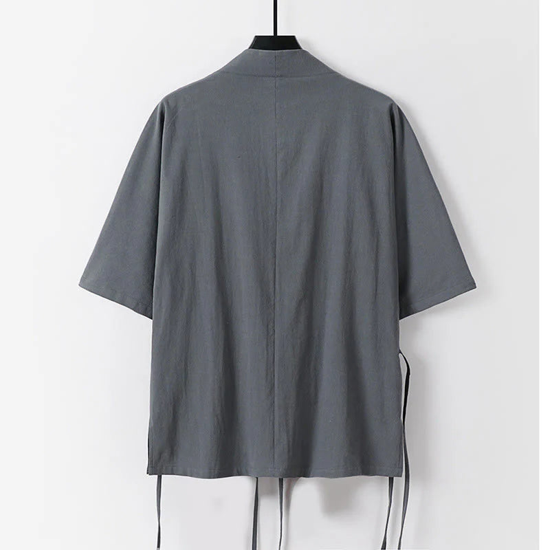 Buddha Stones 2Pcs Fall Lace-up Three Quarter Sleeve Cotton Kimono Drawstring Pants With Pockets Men's Meditation Cloth Set