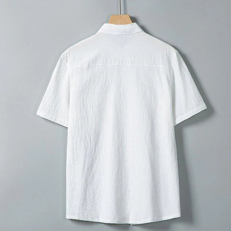 Buddha Stones Daily Printing Solid Color Single Breasted Men's Short Sleeve Cotton Linen Shirt WIth Pockets