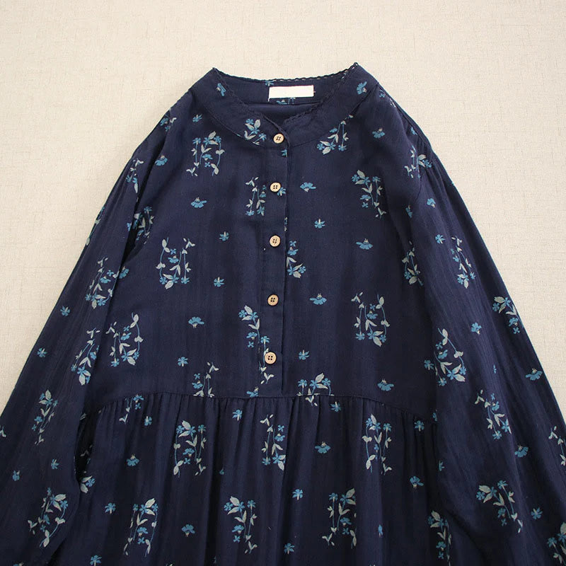 Buddha Stones Spring Small Floral Print Buttons Design Crew Neck Long Sleeve Midi Dress With Pockets