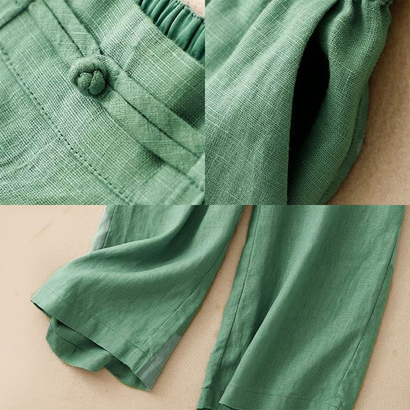 Buddha Stones Daily Solid Color Elastic Waistband Frog-Button Cotton Women's Wide Leg Pants With Pockets