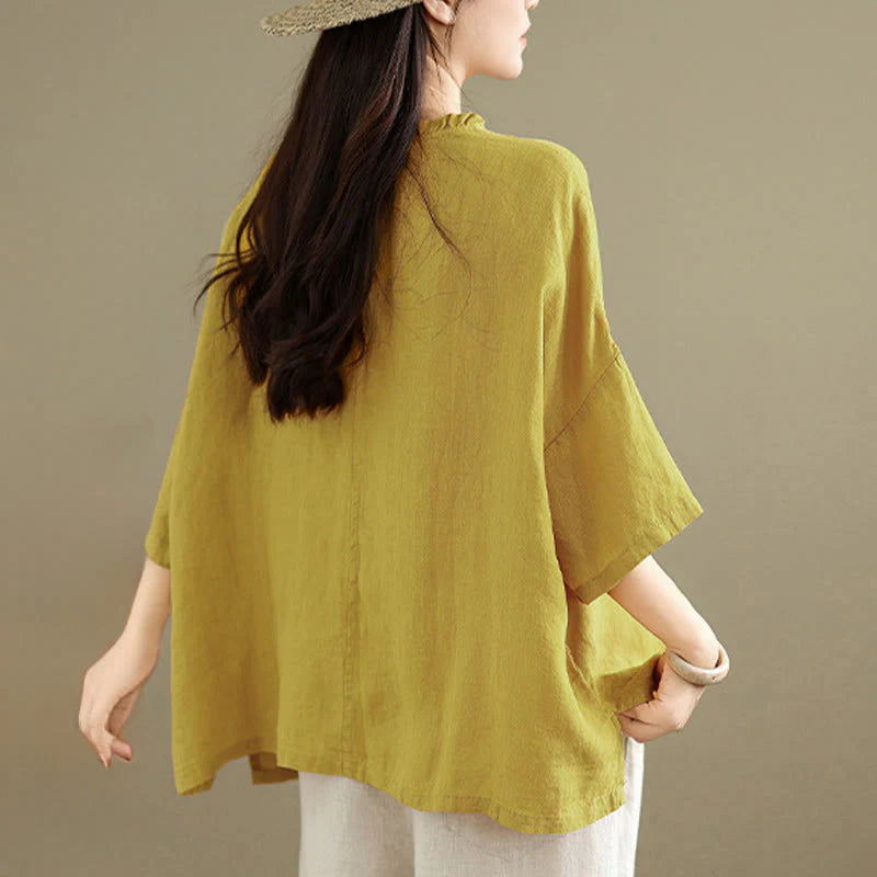 Buddha Stones Spring V-Neck Frog-Button Long Sleeve Plain Women's Cotton Shirt