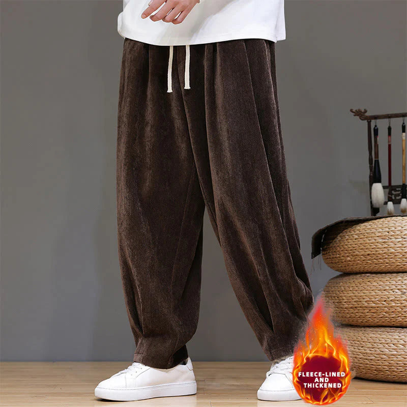 Buddha Stones Winter Pure Color Cotton Men's Harem Thickened Fleece-lined Pants With Pockets