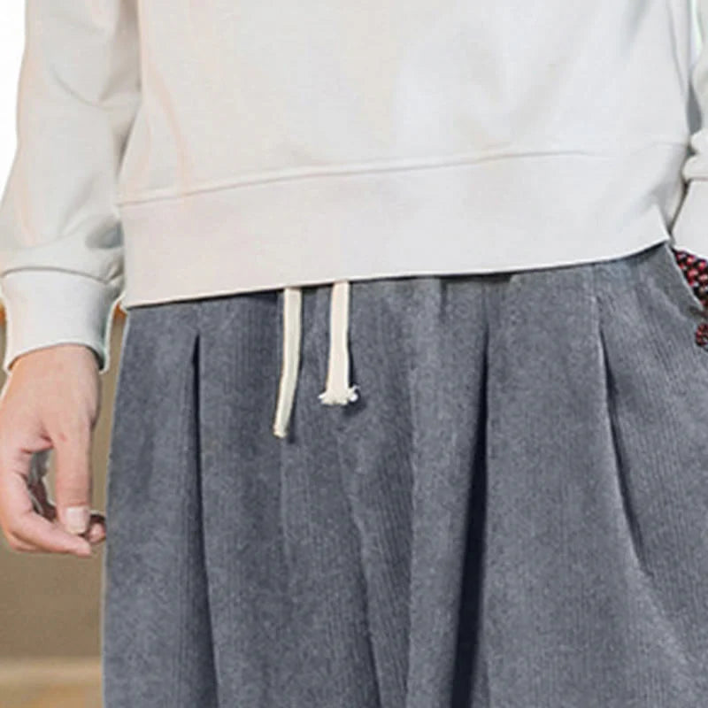 Buddha Stones Retro Men's Plain Fleece-Lined Corduroy Simple Design Harem Pants With Pockets