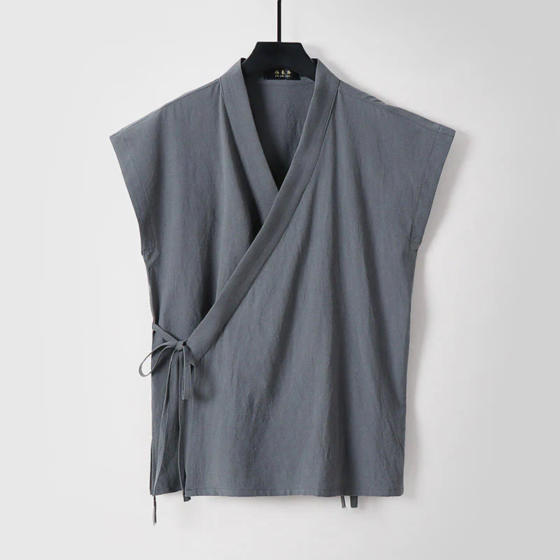 Buddha Stones Summer Solid Color V-Neck Sleeveless Men's Cotton Linen Vest