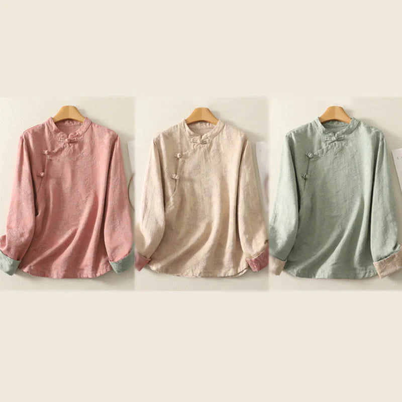 Buddha Stones Spring Plain Jacquard Design Women's Cotton Zen Long Sleeve Shirt
