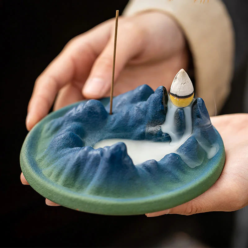 Buddha Stones Creative Mountain River Ceramic Healing Backflow Incense Burner