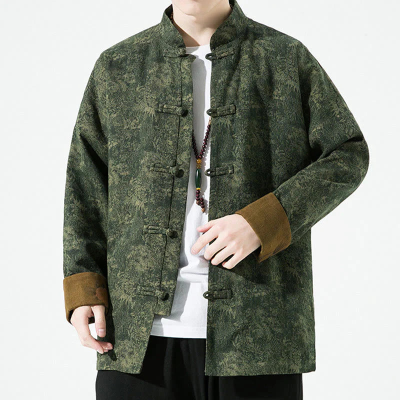 Buddha Stones Spring Printed Floral Pattern Men's Chinese Frog-button Long Sleeve Cotton Jacket