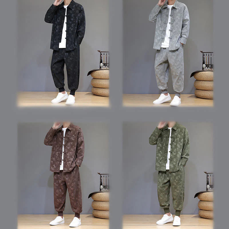 Buddha Stones 2Pcs Winter Thick Bamboo Men's Tang Suit Frog-Button Cotton Corduroy Long Sleeve Jacket Pants Set With Pockets